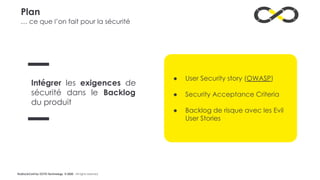 #LaDuckConf by OCTO Technology © 2020 - All rights reserved
Plan
Intégrer les exigences de
sécurité dans le Backlog
du produit
● User Security story (OWASP)
● Security Acceptance Criteria
● Backlog de risque avec les Evil
User Stories
… ce que l’on fait pour la sécurité
 