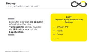 #LaDuckConf by OCTO Technology © 2020 - All rights reserved
Deploy
Exécuter des tests de sécurité
afin d’identifier des
vulnérabilités soit au niveau
de l’infrastructure soit de
l’application.
DAST
(Dynamic Application Security
Testing)
● OWASP ZAP
● Rapid7
● Qualys
● ...
… ce que l’on fait pour la sécurité
 