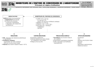 Dr J.F. PATRAT
                            INHIBITEURS DE L’ENZYME DE CONVERSION DE L’ANGIOTENSINE
Aventis
Internat     374c                                                       Principes et règles d’utilisation
                                                                                                                                                                                 Service de Cardiologie,
                                                                                                                                                                                 Hôpital Ambroise Paré,
                                                                                                                                                                                 Boulogne - Billancourt
                            AV E N T I S   I N T E R N AT   E S T   D I R I G É   PA R   :   W I L L I A M   B E R R E B I ,   PAT R I C K   G E P N E R ,   J E A N   N A U




374b
             MODE D'ACTION                                              INHIBITEURS DE L'ENZYME DE CONVERSION
     IEC inhibition de la production                                      • LOPRIL® (25 ou 50 mg) :
     d'angiotensine II par blocage                                          - 50 mg/j pour HTA
     de l'enzyme de conversion                                              - jusqu'à 150 mg/j pour insuffisance cardiaque
     - ↓ production d'aldostérone                                         • RENITEC® (5 et 20 mg)
     - ↓ dégradation des bradykinines                                     • TRIATEC® (1,25 - 2,5 et 5 mg) …
       vasodilatatrices                                                   • Association IEC + diurétique :
                                                                            - CORENITEC®
                                                                            - CAPTEA®




                 INDICATIONS                                         CONTRE-INDICATIONS                                    PRÉCAUTIONS D'EMPLOI                           EFFETS SECONDAIRES
• HTA : diminution des résistances périphériques            • Grossesse et allaitement                              • Surveillance de la fonction rénale et             - Hypotension
  ⇒ vasodilatation                                          • Sténose bilatérale des artères rénales                  de la kaliémie                                    - Toux
• Insuffisance cardiaque :                                    (ou unilatérale sur rein unique)                      • Augmentation posologique progressive              - Altération de la fonction rénale
   - augmentation de l'index cardiaque                      • Allergie connue aux IEC                               • Eviter l'association aux diurétiques              - Agueusie
   - diminution de pré et post-charge                                                                                 hyperkaliémiants                                  - Eruption
• Infarctus avec fraction d'éjection basse (< 40 %)                                                                                                                     - Neutropénie, agranulocytose
                                                                                                                                                                        - Œdème de QUINCKE




                                                                                                                                                                                                     JUIN 1999
 