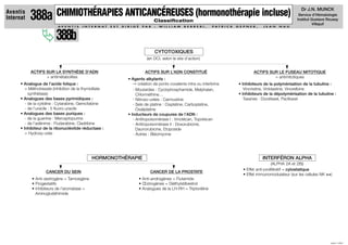 Dr J.N. MUNCK
Aventis
Internat   388a           CHIMIOTHÉRAPIES ANTICANCÉREUSES (hormonothérapie incluse)                                                                                             Service d’Hématologie
                                                                                                                                                                               Institut Gustave Roussy
                                                                                         Classiﬁcation
                                                                                                                                                                                         Villejuif
                           AV E N T I S   I N T E R N AT   E S T   D I R I G É    PA R   :   W I L L I A M   B E R R E B I ,   PAT R I C K   G E P N E R ,   J E A N   N A U




                          388b
                                                                                         CYTOTOXIQUES
                                                                                     (en DCI, selon le site d’action)


           ACTIFS SUR LA SYNTHÈSE D’ADN                                             ACTIFS SUR L’ADN CONSTITUÉ                                         ACTIFS SUR LE FUSEAU MITOTIQUE
                  = antimétabolites                                                                                                                             = antimitotiques
                                                                       • Agents alkylants :
      • Analogue de l’acide folique :                                     → création de ponts covalents intra ou interbrins                   • Inhibiteurs de la polymérisation de la tubuline :
         = Méthotrexate (inhibition de la thymidilate                     - Moutardes : Cyclophosphamide, Melphalan,                             Vincristine, Vinblastine, Vinorelbine
           synthétase)                                                      Chlorméthine…                                                     • Inhibiteurs de la dépolymérisation de la tubuline :
      • Analogues des bases pyrimidiques :                                - Nitroso-urées : Carmustine                                           Taxanes : Docétaxel, Paclitaxel
         - de la cytidine : Cytarabine, Gemcitabine                       - Sels de platine : Cisplatine, Carboplatine,
         - de l’uracile : 5 ﬂuoro-uracile                                   Oxaliplatine
      • Analogues des bases puriques :                                 • Inducteurs de coupures de l’ADN :
         - de la guanine : Mercaptopurine                                 - Antitopoisomérase I : Irinotécan, Topotecan
         - de l’adénime : Fludarabine, Cladribine                         - Antitopoisomérase II : Doxorubicine,
      • Inhibiteur de la ribonucléotide réductase :                         Daunorubicine, Etoposide
         = Hydroxy-urée                                                   - Autres : Bléomycine




                                               HORMONOTHÉRAPIE                                                                                               INTERFÉRON ALPHA
                                                                                                                                                                   (ALPHA 2A et 2B))
                                                                                                                                                 • Effet anti-prolifératif = cytostatique
                    CANCER DU SEIN                                                     CANCER DE LA PROSTATE
                                                                                                                                                 • Effet immunomodulateur (sur les cellules NK ++)
            • Anti-œstrogène = Tamoxigène                                        • Anti-androgènes = Flutamide
            • Progestatifs                                                       • Œstrogènes = Diéthylstilbestrol
            • Inhibiteurs de l’aromatase =                                       • Analogues de la LH-RH = Triptoréline
              Aminoglutéthimide




                                                                                                                                                                                                 JUIN 1999
 