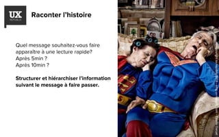 Raconter l’histoire
Quel message souhaitez-vous faire
apparaître à une lecture rapide?
Après 5min ?
Après 10min ?
Structurer et hiérarchiser l’information
suivant le message à faire passer.
©copyrightux-republic2016-blog.ux-republic.com-EstelleGarcet
 