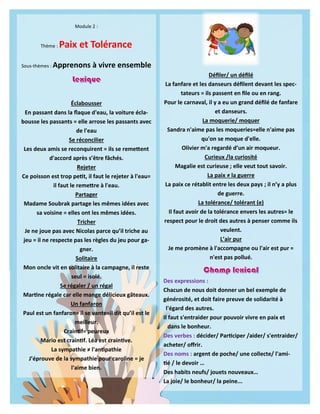 11
Module 2 :
Thème : Paix et Tolérance
Sous-thèmes : Apprenons à vivre ensemble
Éclabousser
En passant dans la flaque d'eau, la voiture écla-
bousse les passants = elle arrose les passants avec
de l'eau
Se réconcilier
Les deux amis se reconquirent = ils se remettent
d'accord après s’être fâchés.
Rejeter
Ce poisson est trop petit, il faut le rejeter à l'eau=
il faut le remettre à l'eau.
Partager
Madame Soubrak partage les mêmes idées avec
sa voisine = elles ont les mêmes idées.
Tricher
Je ne joue pas avec Nicolas parce qu’il triche au
jeu = il ne respecte pas les règles du jeu pour ga-
gner.
Solitaire
Mon oncle vit en solitaire à la campagne, il reste
seul = isolé.
Se régaler / un régal
Martine régale car elle mange délicieux gâteaux.
Un fanfaron
Paul est un fanfaron= il se vante=il dit qu’il est le
meilleur.
Craintif= peureux
Mario est craintif. Léa est craintive.
La sympathie ≠ l'antipathie
J’éprouve de la sympathie pour caroline = je
l'aime bien.
Défiler/ un défilé
La fanfare et les danseurs défilent devant les spec-
tateurs = ils passent en file ou en rang.
Pour le carnaval, il y a eu un grand défilé de fanfare
et danseurs.
La moquerie/ moquer
Sandra n'aime pas les moqueries=elle n'aime pas
qu'on se moque d'elle.
Olivier m'a regardé d’un air moqueur.
Curieux /la curiosité
Magalie est curieuse ; elle veut tout savoir.
La paix ≠ la guerre
La paix ce rétablit entre les deux pays ; il n’y a plus
de guerre.
La tolérance/ tolérant (e)
Il faut avoir de la tolérance envers les autres= le
respect pour le droit des autres à penser comme ils
veulent.
L’air pur
Je me promène à l'accompagne ou l'air est pur =
n'est pas pollué.
Des expressions :
Chacun de nous doit donner un bel exemple de
générosité, et doit faire preuve de solidarité à
l'égard des autres.
Il faut s'entraider pour pouvoir vivre en paix et
dans le bonheur.
Des verbes : décider/ Participer /aider/ s'entraider/
acheter/ offrir.
Des noms : argent de poche/ une collecte/ l'ami-
tié / le devoir …
Des habits neufs/ jouets nouveaux…
La joie/ le bonheur/ la peine...
 