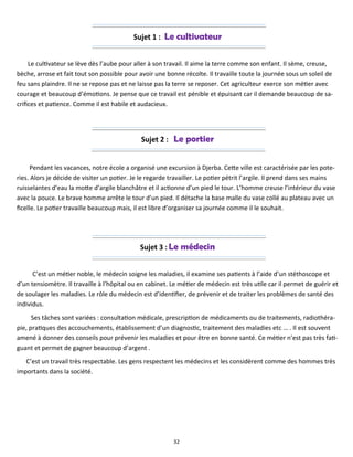 32
Sujet 1 : Le cultivateur
Le cultivateur se lève dès l’aube pour aller à son travail. Il aime la terre comme son enfant. Il sème, creuse,
bèche, arrose et fait tout son possible pour avoir une bonne récolte. Il travaille toute la journée sous un soleil de
feu sans plaindre. Il ne se repose pas et ne laisse pas la terre se reposer. Cet agriculteur exerce son métier avec
courage et beaucoup d’émotions. Je pense que ce travail est pénible et épuisant car il demande beaucoup de sa-
crifices et patience. Comme il est habile et audacieux.
Sujet 2 : Le portier
Pendant les vacances, notre école a organisé une excursion à Djerba. Cette ville est caractérisée par les pote-
ries. Alors je décide de visiter un potier. Je le regarde travailler. Le potier pétrit l’argile. Il prend dans ses mains
ruisselantes d’eau la motte d’argile blanchâtre et il actionne d’un pied le tour. L’homme creuse l’intérieur du vase
avec la pouce. Le brave homme arrête le tour d’un pied. Il détache la base malle du vase collé au plateau avec un
ficelle. Le potier travaille beaucoup mais, il est libre d’organiser sa journée comme il le souhait.
Sujet 3 : Le médecin
C’est un métier noble, le médecin soigne les maladies, il examine ses patients à l’aide d’un stéthoscope et
d’un tensiomètre. Il travaille à l’hôpital ou en cabinet. Le métier de médecin est très utile car il permet de guérir et
de soulager les maladies. Le rôle du médecin est d’identifier, de prévenir et de traiter les problèmes de santé des
individus.
Ses tâches sont variées : consultation médicale, prescription de médicaments ou de traitements, radiothéra-
pie, pratiques des accouchements, établissement d’un diagnostic, traitement des maladies etc … . Il est souvent
amené à donner des conseils pour prévenir les maladies et pour être en bonne santé. Ce métier n’est pas très fati-
guant et permet de gagner beaucoup d’argent .
C’est un travail très respectable. Les gens respectent les médecins et les considèrent comme des hommes très
importants dans la société.
 
