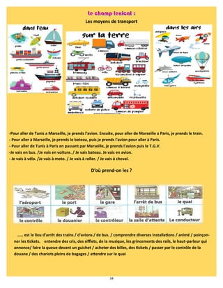 34
Les moyens de transport
-Pour aller de Tunis a Marseille, je prends l'avion. Ensuite, pour aller de Marseille a Paris, je prends le train.
- Pour aller à Marseille, je prends le bateau, puis je prends l'avion pour aller à Paris.
- Pour aller de Tunis à Paris en passant par Marseille, je prends l'avion puis le T.G.V.
-Je vais en bus. /Je vais en voiture. / Je vais bateau. Je vais en avion.
- Je vais à vélo. /Je vais à moto. / Je vais à roller. / Je vais à cheval.
D’où prend-on les ?
..... est le lieu d'arrêt des trains / d'avions / de bus. / comprendre diverses installations / animé / poinçon-
ner les tickets. entendre des cris, des sifflets, de la musique, les grincements des rails, le haut-parleur qui
annonce/ faire la queue devant un guichet / acheter des billes, des tickets / passer par le contrôle de la
douane / des chariots pleins de bagages / attendre sur le quai
 