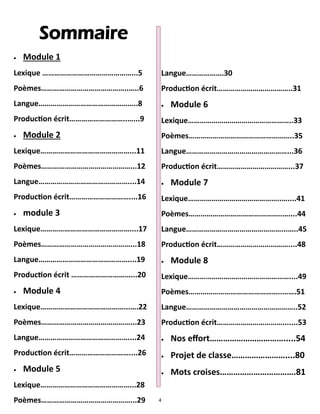 4
Sommaire
 Module 1
Lexique ………………………………………...5
Poèmes……………………………………..…..6
Langue…………………………………………..8
Production écrit………………………..…...9
 Module 2
Lexique………………………………………...11
Poèmes………………………………………...12
Langue………………………………………....14
Production écrit…………………………....16
 module 3
Lexique………………………………………....17
Poèmes………………………………………...18
Langue………………………………………....19
Production écrit …………………………...20
 Module 4
Lexique……………………………………...….22
Poèmes………………………………………...23
Langue………………………………………....24
Production écrit…………………………....26
 Module 5
Lexique………………………………………...28
Poèmes………………………………………...29
Langue……………….30
Production écrit………………………………..31
 Module 6
Lexique……………………………………………..33
Poèmes……………………………………………..35
Langue……………………………………………...36
Production écrit………………………………...37
 Module 7
Lexique………………………………………..…....41
Poèmes………………………………………..…....44
Langue…………………………………………...…..45
Production écrit………………………………....48
 Module 8
Lexique……………………………………………....49
Poèmes………………………………………..…….51
Langue………………………………………………..52
Production écrit…………………………….......53
 Nos effort…………………………….....54
 Projet de classe……………………....80
 Mots croises…………………………….81
 