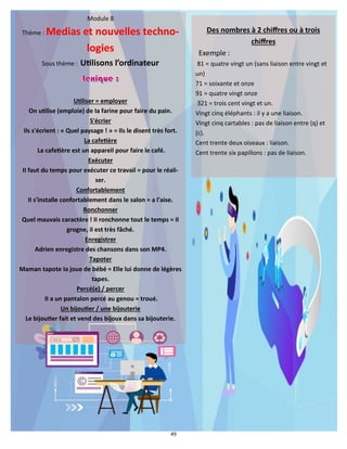 49
Module 8
Thème : Medias et nouvelles techno-
logies
Sous thème : Utilisons l’ordinateur
Utiliser = employer
On utilise (emploie) de Ia farine pour faire du pain.
S'écrier
Ils s'écrient : « Quel paysage ! » = Ils le disent très fort.
La cafetière
La cafetière est un appareil pour faire le café.
Exécuter
II faut du temps pour exécuter ce travail = pour le réali-
ser.
Confortablement
II s'installe confortablement dans le salon = a l'aise.
Ronchonner
Quel mauvais caractère ! II ronchonne tout le temps = II
grogne, il est très fâché.
Enregistrer
Adrien enregistre des chansons dans son MP4.
Tapoter
Maman tapote Ia joue de bébé = Elle lui donne de légères
tapes.
Percé(e) / percer
II a un pantalon percé au genou = troué.
Un bijoutier / une bijouterie
Le bijoutier fait et vend des bijoux dans sa bijouterie.
Des nombres à 2 chiffres ou à trois
chiffres
Exemple :
81 = quatre vingt un (sans liaison entre vingt et
un)
71 = soixante et onze
91 = quatre vingt onze
321 = trois cent vingt et un.
Vingt cinq éléphants : il y a une liaison.
Vingt cinq cartables : pas de liaison entre (q) et
(c).
Cent trente deux oiseaux : liaison.
Cent trente six papillons : pas de liaison.
 