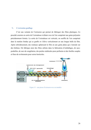 26
V. L'extrusion gonflage
C’est une variante de l’extrusion qui permet de fabriquer des films plastiques. Ce
procédé consiste en sortie de l’extrudeuse à dilater avec de l'air comprimé une gaine polymère
précédemment formée. La sortie de l’extrudeuse est verticale, on souffle de l’air comprimé
dans la matière fondue qui se gonfle et s’élève verticalement en une longue bulle de film.
Après refroidissement, des rouleaux aplatissent le film en une gaine plane qui s’enroule sur
des bobines. On fabrique ainsi des films utilisés dans la fabrication d’emballages, de sacs-
poubelles, de sacs de congélation, des poches médicales pour perfusion et des feuilles souples
et fines de revêtements pour serres horticoles.
Figure 13 – une presse d’extrusion avec un mandrin
 