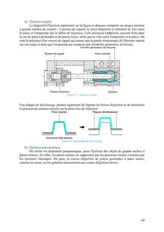 60
a) Éjecteur simple
Le dispositif d'éjection représenté sur la figure ci-dessous comporte un unique éjecteur
à grande surface de contact : il permet de repartir la force d'éjection et introduit de l'air entre
la pièce et l'empreinte dès le début de l'éjection. Cela minimise l'adhésion, souvent forte dans
le cas de pièces profondes et de parois lisses, créée par le vide entre l'empreinte et la pièce. On
note la présence d'un ressort de rappel qui assure que la partie tronconique de l'éjecteur repose
sur son siège et donc que l'empreinte ne comporte pas d'entrefer générateur de bavure.
Figure 37 - Ejecteur simple
Une plaque de dévétissage permet également de répartir les forces d'éjection et de minimiser
la pression de contact exercée sur la pièce lors de l'éjection.
Figure38- une plaque de dévétissage
b) Éjection pneumatique
On utilise les dispositifs pneumatiques pour l'éjection des objets de grande surface à
parois minces. En effet, les parois minces ne supportent pas les pressions locales exercées par
les éjecteurs classiques. De plus, la course d'éjection de pièces profondes à paroi mince,
comme les seaux ou les gobelets nécessiterait une course d'éjection élevée.
 