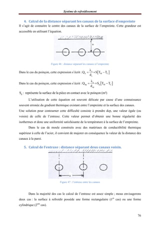 Système de refroidissement
76
4. Calcul de la distance séparant les canaux de la surface d’empreinte
Il s’agit de connaitre le centre des canaux de la surface de l’empreinte. Cette grandeur est
accessible en utilisant l’équation.
Figure 46 : distance séparant les canaux à l’empreinte
Dans le cas du poinçon, cette expression s’écrit :  o
h M C
c
Q S T T
d

  
Dans le cas du poinçon, cette expression s’écrit :  o
hp p M C
cp
Q S T T
d

  
pS : représente la surface de la pièce en contact avec le poinçon (m²)
L’utilisation de cette équation est souvent délicate par cause d’une connaissance
souvent erronée du gradient thermique existant entre l’empreinte et la surface des canaux.
Une solution pour contourner cette difficulté consiste à prendre dcp, une valeur égale (ou
voisin) de celle de l’entraxe. Cette valeur permet d’obtenir une bonne régularité des
isothermes et donc une uniformité satisfaisante de la température à la surface de l’empreinte.
Dans le cas de moule construits avec des matériaux de conductibilité thermique
supérieur à celle de l’acier, il convient de majorer en conséquence la valeur de la distance des
canaux à la paroi.
5. Calcul de l’entraxe : distance séparant deux canaux voisin.
Figure 47 : l’entraxe entre les canaux
Dans la majorité des cas le calcul de l’entraxe est assez simple ; mous envisagerons
deux cas : la surface à refroidir possède une forme rectangulaire (1er
cas) ou une forme
cylindrique (2em
cas).
 