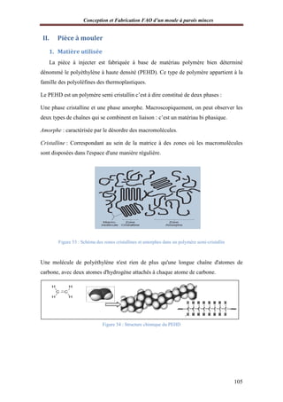 Conception et Fabrication FAO d’un moule à parois minces
105
II. Pièce à mouler
1. Matière utilisée
La pièce à injecter est fabriquée à base de matériau polymère bien déterminé
dénommé le polyéthylène à haute densité (PEHD). Ce type de polymère appartient à la
famille des polyoléfines des thermoplastiques.
Le PEHD est un polymère semi cristallin c’est à dire constitué de deux phases :
Une phase cristalline et une phase amorphe. Macroscopiquement, on peut observer les
deux types de chaînes qui se combinent en liaison : c’est un matériau bi phasique.
Amorphe : caractérisée par le désordre des macromolécules.
Cristalline : Correspondant au sein de la matrice à des zones où les macromolécules
sont disposées dans l'espace d'une manière régulière.
Figure 53 : Schéma des zones cristallines et amorphes dans un polymère semi-cristallin
Une molécule de polyéthylène n'est rien de plus qu'une longue chaîne d'atomes de
carbone, avec deux atomes d'hydrogène attachés à chaque atome de carbone.
Figure 54 : Structure chimique du PEHD
 