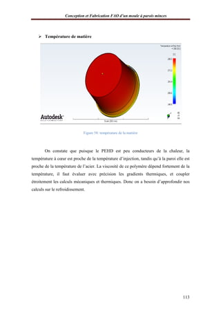 Conception et Fabrication FAO d’un moule à parois minces
 Température de matière
On constate que puisque le PEHD est peu conducteurs de la chaleur, la
température à cœur est proche de la température
proche de la température de l’acier. La viscosité de ce polymère dépend fortement de la
température, il faut évaluer avec précision les gradients thermiques, et coupler
étroitement les calculs mécaniques et thermi
calculs sur le refroidissement.
onception et Fabrication FAO d’un moule à parois minces
Température de matière
Figure 58: température de la matière
On constate que puisque le PEHD est peu conducteurs de la chaleur, la
température à cœur est proche de la température d’injection, tandis qu’à la paroi elle est
proche de la température de l’acier. La viscosité de ce polymère dépend fortement de la
température, il faut évaluer avec précision les gradients thermiques, et coupler
étroitement les calculs mécaniques et thermiques. Donc on a besoin d’approfondir nos
calculs sur le refroidissement.
onception et Fabrication FAO d’un moule à parois minces
113
On constate que puisque le PEHD est peu conducteurs de la chaleur, la
d’injection, tandis qu’à la paroi elle est
proche de la température de l’acier. La viscosité de ce polymère dépend fortement de la
température, il faut évaluer avec précision les gradients thermiques, et coupler
ques. Donc on a besoin d’approfondir nos
 