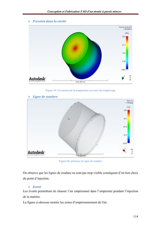 Conception et Fabrication FAO d’un moule à parois minces
 Pression dans la cavité
Figure 59: l’évolution de la température au cours du remplissage
 Ligne de soudure
On observe que les lignes de
du point d’injection.
 Event
Les évents permettent de chasser l’air emprisonné dans l’empreinte pendant l’injection
de la matière.
La figure ci-dessous montre les zones d’emprisonnement de l'air.
onception et Fabrication FAO d’un moule à parois minces
Pression dans la cavité
: l’évolution de la température au cours du remplissage
Figure 60: présence de ligne de soudure
On observe que les lignes de soudure ne sont pas trop visible conséquent d’un bon choix
Les évents permettent de chasser l’air emprisonné dans l’empreinte pendant l’injection
dessous montre les zones d’emprisonnement de l'air.
onception et Fabrication FAO d’un moule à parois minces
114
soudure ne sont pas trop visible conséquent d’un bon choix
Les évents permettent de chasser l’air emprisonné dans l’empreinte pendant l’injection
 