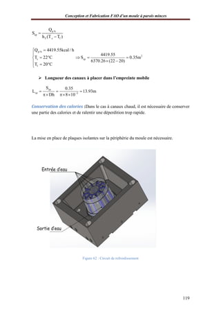 Conception et Fabrication FAO d’un moule à parois minces
119
p/h
cp
T c f
Q
S
h (T T )


p/h
c
f
Q 4419.55kcal / h
T 22 C
T 20 C


 
  
2
cp
4419.55
S 0.35m
6370.26 (22 20)
  
 
 Longueur des canaux à placer dans l’empreinte mobile
cp
cp 3
S 0.35
L 13.93m
Dh 8 10
  
  
Conservation des calories :Dans le cas à canaux chaud, il est nécessaire de conserver
une partie des calories et de ralentir une déperdition trop rapide.
La mise en place de plaques isolantes sur la périphérie du moule est nécessaire.
Figure 62 : Circuit de refroidissement
 