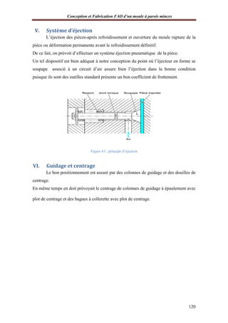 Conception et Fabrication FAO d’un moule à parois minces
V. Système d’éjection
L’éjection des pièces
pièce ou déformation permanente avant le refroidissement définitif.
De ce fait, on prévoit d’effectuer un système éjection pneumatique de la pièce.
Un tel dispositif est bien adéquat à notre
soupape associé à un circuit d’air assure bien l’éjection dans la bonne condition
puisque ils sont des outilles standard présente un bon coefficient de frottement.
VI. Guidage et centrage
Le bon positionnement est assuré par des colonnes de guidage et des douilles de
centrage.
En même temps en doit prévoyait le centrage de colonnes de guidage à épaulement avec
plot de centrage et des bagues à collerette avec plot de
onception et Fabrication FAO d’un moule à parois minces
Système d’éjection
pièces-après refroidissement et ouverture du moule rupture de la
pièce ou déformation permanente avant le refroidissement définitif.
De ce fait, on prévoit d’effectuer un système éjection pneumatique de la pièce.
Un tel dispositif est bien adéquat à notre conception du point où l’éjecteur en forme se
soupape associé à un circuit d’air assure bien l’éjection dans la bonne condition
puisque ils sont des outilles standard présente un bon coefficient de frottement.
Figure 63 : principe d’éjection
et centrage
Le bon positionnement est assuré par des colonnes de guidage et des douilles de
En même temps en doit prévoyait le centrage de colonnes de guidage à épaulement avec
plot de centrage et des bagues à collerette avec plot de centrage.
onception et Fabrication FAO d’un moule à parois minces
120
après refroidissement et ouverture du moule rupture de la
De ce fait, on prévoit d’effectuer un système éjection pneumatique de la pièce.
conception du point où l’éjecteur en forme se
soupape associé à un circuit d’air assure bien l’éjection dans la bonne condition
puisque ils sont des outilles standard présente un bon coefficient de frottement.
Le bon positionnement est assuré par des colonnes de guidage et des douilles de
En même temps en doit prévoyait le centrage de colonnes de guidage à épaulement avec
 