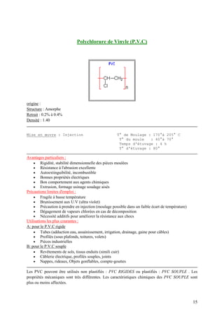 15
Polychlorure de Vinyle (P.V.C)
origine :
Structure : Amorphe
Retrait : 0.2% à 0.4%
Densité : 1.40
Mise en œuvre : Injection T° de Moulage : 170°à 205° C
T° du moule : 40°à 70°
Temps d'étuvage : 4 h
T° d'étuvage : 80°
Avantages particuliers :
 Rigidité, stabilité dimensionnelle des pièces moulées
 Résistance à l'abrasion excellente
 Autoextinguibilité, incombustible
 Bonnes propriétés électriques
 Bon comportement aux agents chimiques
 Extrusion, formage usinage soudage aisés
Précautions limites d'emploi :
 Fragile à basse température
 Brunissement aux U.V (ultra violet)
 Précaution à prendre en injection (moulage possible dans un faible écart de température)
 Dégagement de vapeurs chlorées en cas de décomposition
 Nécessité additifs pour améliorer la résistance aux chocs
Utilisations les plus courantes :
A: pour le P.V.C rigide
 Tubes (adduction eau, assainissement, irrigation, drainage, gaine pour câbles)
 Profilés (sous plafonds, toitures, volets)
 Pièces industrielles
B: pour le P.V.C souple
 Revêtements de sols, tissus enduits (simili cuir)
 Câblerie électrique, profilés souples, joints
 Nappes, rideaux, Objets gonflables, compte-gouttes
Les PVC peuvent être utilisés non plastifiés : PVC RIGIDES ou plastifiés : PVC SOUPLE . Les
propriétés mécaniques sont trés différentes. Les caractéristiques chimiques des PVC SOUPLE sont
plus ou moins affectées.
 