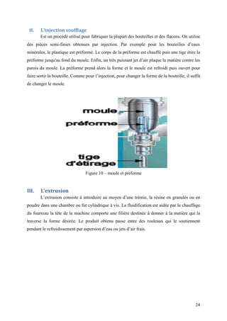 24
II. L’injection soufflage
Est un procédé utilisé pour fabriquer la plupart des bouteilles et des flacons. On utilise
des pièces semi-finies obtenues par injection. Par exemple pour les bouteilles d’eaux
minérales, le plastique est préformé. Le corps de la préforme est chauffé puis une tige étire la
préforme jusqu'au fond du moule. Enfin, un très puissant jet d’air plaque la matière contre les
parois du moule. La préforme prend alors la forme et le moule est refroidi puis ouvert pour
faire sortir la bouteille. Comme pour l’injection, pour changer la forme de la bouteille, il suffit
de changer le moule.
Figure 10 – moule et préforme
III. L’extrusion
L’extrusion consiste à introduire au moyen d’une trémie, la résine en granulés ou en
poudre dans une chambre ou fut cylindrique à vis. La fluidification est aidée par le chauffage
du fourreau la tète de la machine comporte une filière destinée à donner à la matière qui la
traverse la forme désirée. Le produit obtenu passe entre des rouleaux qui le soutiennent
pendant le refroidissement par aspersion d’eau ou jets d’air frais.
 