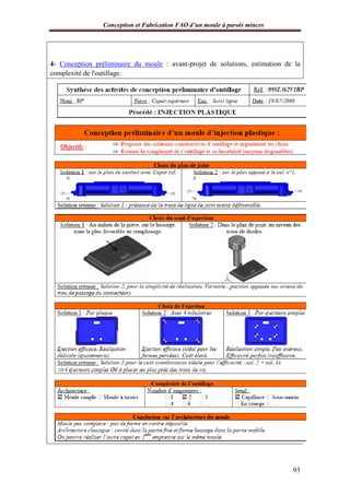 Conception et Fabrication FAO d’un moule à parois minces
93
4- Conception préliminaire du moule : avant-projet de solutions, estimation de la
complexité de l'outillage.
 