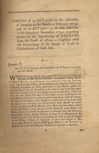 Copies Of An  Act  Passed By The  Assembly Of  Jamaica