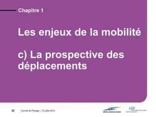 Comité de Pilotage – 12 juillet 2012
Les enjeux de la mobilité
c) La prospective des
déplacements
Chapitre 1
22
 