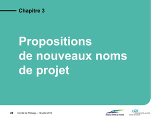 Comité de Pilotage – 12 juillet 2012
Propositions
de nouveaux noms
de projet
Chapitre 3
28
 