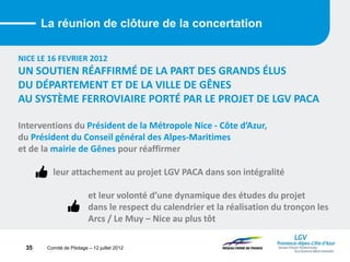 Comité de Pilotage – 12 juillet 2012
La réunion de clôture de la concertation
NICE LE 16 FEVRIER 2012
UN SOUTIEN RÉAFFIRMÉ DE LA PART DES GRANDS ÉLUS
DU DÉPARTEMENT ET DE LA VILLE DE GÊNES
AU SYSTÈME FERROVIAIRE PORTÉ PAR LE PROJET DE LGV PACA
Interventions du Président de la Métropole Nice - Côte d’Azur,
du Président du Conseil général des Alpes-Maritimes
et de la mairie de Gênes pour réaffirmer
leur attachement au projet LGV PACA dans son intégralité
et leur volonté d’une dynamique des études du projet
dans le respect du calendrier et la réalisation du tronçon les
Arcs / Le Muy – Nice au plus tôt
35
 