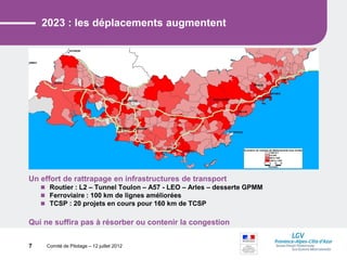 Comité de Pilotage – 12 juillet 2012
2023 : les déplacements augmentent
Un effort de rattrapage en infrastructures de transport
 Routier : L2 – Tunnel Toulon – A57 - LEO – Arles – desserte GPMM
 Ferroviaire : 100 km de lignes améliorées
 TCSP : 20 projets en cours pour 160 km de TCSP
Qui ne suffira pas à résorber ou contenir la congestion
7
 