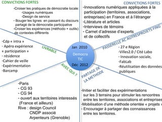 Democra TIC CONVICTIONS FORTES CONVICTIONS FORTES PARTAGE DE  LA METHODE AVEC QUI ? LIVRABLE PASSERELLE AC AUTRESPROJETS FING - 27 e Région Villes2.0 / Cité Labo Innovation sociale, FabLab Réutilisation des données  publiques Cdp « intra » Apéro expérience « participation » résidence Cahier de veille Expérimentation Barcamp Croiser les pratiques de démocratie locale: Usages numériques Design de service Bouger les lignes  en passant du discours partagé de la démocratie participative Croiser les expériences (méthodo + outils)  de contextes différents Paris CG 93 CG 94 ouvert aux territoires interessés (France et ailleurs) Rive : design Council   CNDP associé   Arpenteurs (Grenoble)  Innovations numériques appliquées à la  participation (territoires, associations, entreprises) en France et à l’étranger Litérature et articles Interviews de témoins Carnet d’adresse d’experts  et de collectifs Initier et faciliter des expérimentations sur les 3 terrains pour stimuler les rencontres entre les territoires, associations et entreprises Mobilisation d’une méthode orientée « projets » Encourager à partager des connaissances entre les territoires. Jan  2010 Déc  2012 