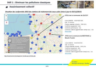 18/94
Défi 1 : Diminuer les pollutions classiques
Assainissement collectif
http://assainissement.developpement-durable.gouv.fr/index.php
Situation des conformités 2016 des stations de traitement des eaux usées (mise à jour le 07/12/2017)
Il reste :
Mortain et Ducey/ Poilley
 