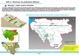 30/94
Le bocage, constitué des haies bordant les parcelles agricoles servait initialement de séparation entre deux parcelles, mais également d'abri pour le bétail
et de bois de chauffage. Le bocage a évolué avec l'expansion urbaine, la modernisation de l'agriculture et le développement du machinisme. Cependant, il
assure toujours un rôle indispensable en retenant les sols, en préservant les ressources en eau, et en maintenant un paysage de caractère. Il est donc né-
cessaire de maintenir un bocage fonctionnel adapté aux pratiques actuelles, en concertation avec les acteurs du territoire.
Défi 2 : Diminuer les pollutions diffuses
Bocage / lutte contre l’érosion
Replantation du bocage : Equivalent Temps Plein et linéaire restauré par an
Replantation surtout sur
les cantons de Saint-
James et Louvigné
 