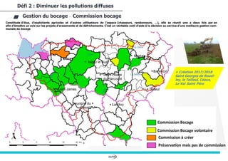 33/94
Constituée d’élus, d’exploitants agricoles et d’autres utilisateurs de l’espace (chasseurs, randonneurs, …), elle se réunit une a deux fois par an
afin d’émettre un avis sur les projets d’arasements et de défrichements. C’est un véritable outil d’aide à la décision au service d’une meilleure gestion com-
munale du bocage
Défi 2 : Diminuer les pollutions diffuses
Gestion du bocage - Commission bocage
Commission Bocage
Commission Bocage volontaire
Commission à créer
Préservation mais pas de commission
+ Création 2017/2018
Saint Georges de Rouel-
ley, le Teilleul, Céaux,
Le Val-Saint-Père
 