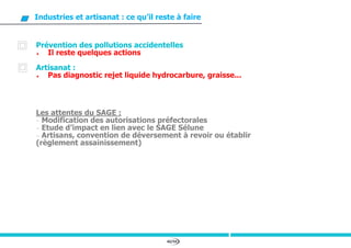 40/94
Industries et artisanat : ce qu’il reste à faire
Prévention des pollutions accidentelles
 Il reste quelques actions
Artisanat :
 Pas diagnostic rejet liquide hydrocarbure, graisse...
Les attentes du SAGE :
- Modification des autorisations préfectorales
- Etude d’impact en lien avec le SAGE Sélune
- Artisans, convention de déversement à revoir ou établir
(règlement assainissement)
 