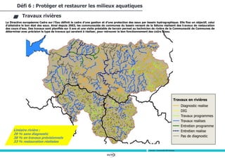 64/94
La Directive européenne Cadre sur l’Eau définit le cadre d’une gestion et d’une protection des eaux par bassin hydrographique. Elle fixe un objectif, celui
d’atteindre le bon état des eaux. Ainsi depuis 2003, les communautés de communes du bassin versant de la Sélune réalisent des travaux de restauration
des cours d’eau. Des travaux sont planifiés sur 5 ans et une visite préalable de terrain permet au technicien de rivière de la Communauté de Communes de
déterminer avec précision le type de travaux qui seraient à réaliser, pour retrouver le bon fonctionnement des cours d’eau.
Défi 6 : Protéger et restaurer les milieux aquatiques
Travaux rivières
Sources : Travaux CDC, BD Carthage
Linéaire rivière :
29 % sans diagnostic
38 % en travaux prévisionnels
33 % restauration réalisées
 