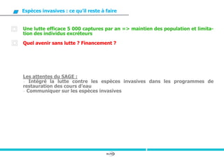 81/94
Espèces invasives : ce qu’il reste à faire
Une lutte efficace 5 000 captures par an => maintien des population et limita-
tion des individus excréteurs
Quel avenir sans lutte ? Financement ?
Les attentes du SAGE :
- Intégré la lutte contre les espèces invasives dans les programmes de
restauration des cours d’eau
- Communiquer sur les espèces invasives
 