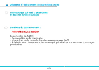 59/94
Obstacles à l’écoulement : ce qu’il reste à faire
Les ouvrages sur liste 2 prioritaires
Et tous les autres ouvrages
Synthèse du bassin versant :
- Référentiel ROE à remplir
Les attentes du SAGE :
- Restauration de la continuité
- Mise à jour de la base de données ouvrages avec l’AFB
- Révision des classements des ouvrages prioritaires => nouveaux ouvrages
prioritaires
 