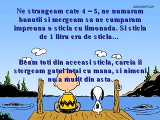 Ne strangeam cate 4 – 5, ne numaram banutii si mergeam sa ne cumparam impreuna o sticla cu limonada. Si sticla de 1 litru era de sticla…  Beam toti din aceeasi sticla, careia ii stergeam gatul intai cu mana, si nimeni nu a murit din asta. 