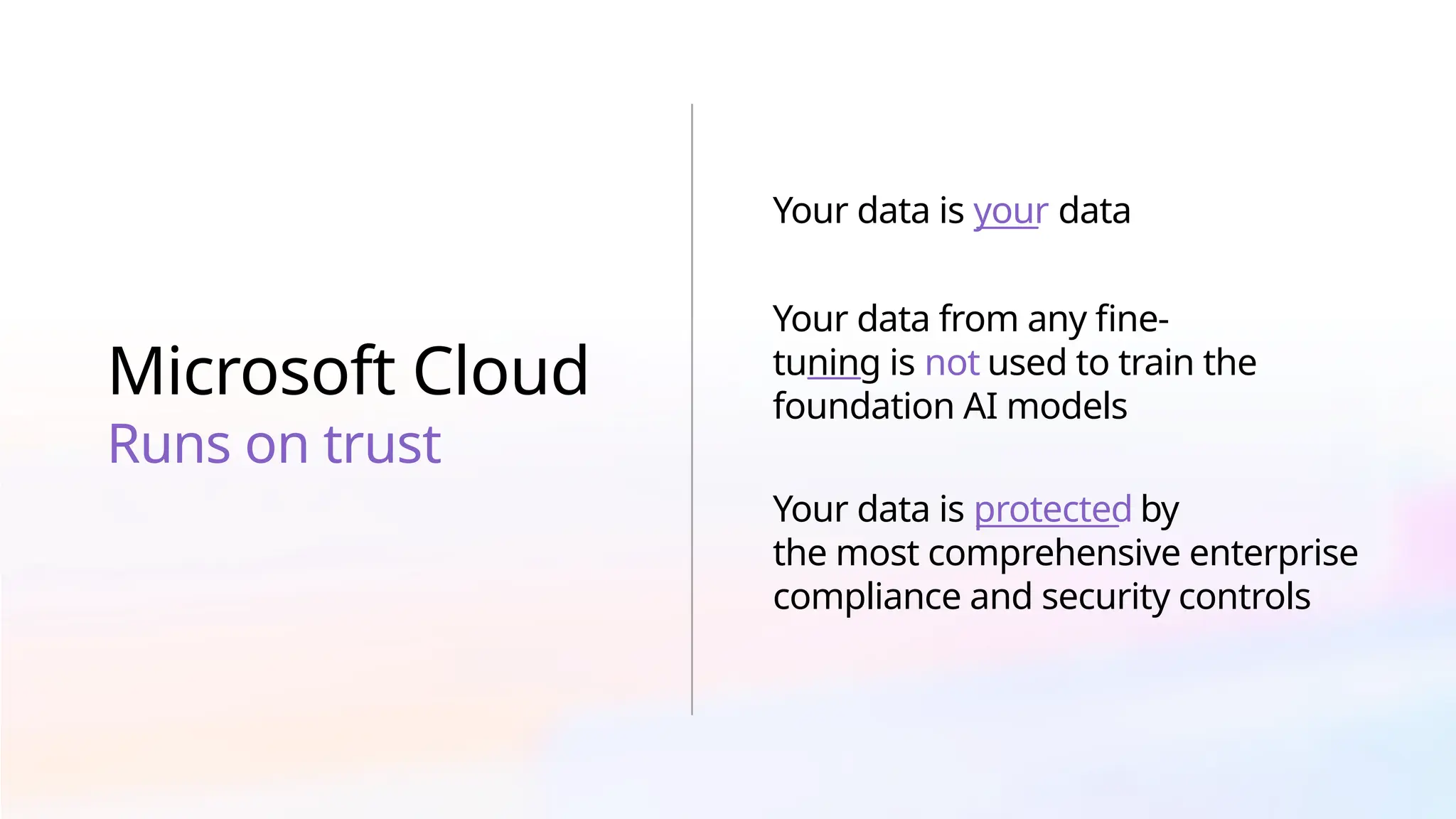 Microsoft Cloud
Runs on trust
Your data is your data
Your data from any fine-
tuning is not used to train the
foundation AI models
Your data is protected by
the most comprehensive enterprise
compliance and security controls
 