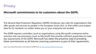 Privacy
Microsoft commitments to its customers about the GDPR.
—————————————————————————————————————————————————————————————————————————
The General Data Protection Regulation (GDPR) introduces new rules for organizations that
offer goods and services to people in the European Union (EU), or that collect and analyze
data for EU residents no matter where you or your enterprise are located.
The GDPR requires controllers (such as organizations using Microsoft's enterprise online
services) only use processors (such as Microsoft) that provide sufficient guarantees to meet
key requirements of the GDPR. Microsoft has taken the proactive step of providing
these commitments to all Volume Licensing customers as part of their agreements.
Learn more about Microsoft’s commitment to GDPR from our full summary and short summary.
 