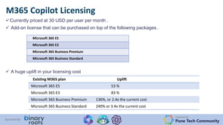 Organized By:
Pune Tech Community
Sponsored By:
Currently priced at 30 USD per user per month .
 Add-on license that can be purchased on top of the following packages .
 A huge uplift in your licensing cost
M365 Copilot Licensing
Microsoft 365 E5
Microsoft 365 E3
Microsoft 365 Business Premium
Microsoft 365 Business Standard
Existing M365 plan Uplift
Microsoft 365 E5 53 %
Microsoft 365 E3 83 %
Microsoft 365 Business Premium 136%, or 2.4x the current cost
Microsoft 365 Business Standard 240% or 3.4x the current cost
 