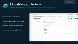 Model Context Protocol
A universal interface that allows AI models to interact with external tools,
data sources, and user environments in a consistent and scalable way
PREVIEW
Standardized Context for AI Models
Seamless Integration with Copilot Studio
Improved Developer Efficiency and UX
Governance, Monitoring, Extensibility
 