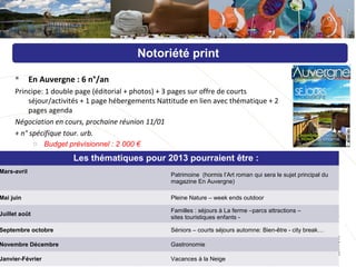  En Auvergne : 6 n°/an
Principe: 1 double page (éditorial + photos) + 3 pages sur offre de courts
séjour/activités + 1 page hébergements Nattitude en lien avec thématique + 2
pages agenda
Négociation en cours, prochaine réunion 11/01
+ n° spécifique tour. urb.
o Budget prévisionnel : 2 000 €
Notoriété print
Les thématiques pour 2013 pourraient être :
Mars-avril
Patrimoine (hormis l’Art roman qui sera le sujet principal du
magazine En Auvergne)
Mai juin Pleine Nature – week ends outdoor
Juillet août
Familles : séjours à La ferme –parcs attractions –
sites touristiques enfants -
Septembre octobre Séniors – courts séjours automne: Bien-être - city break…
Novembre Décembre Gastronomie
Janvier-Février Vacances à la Neige
 