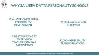 WHY SANJEEV DATTA PERSONALITY SCHOOL?
15 Yrs. OF PIONEERING IN
PERSONALITY
DEVELOPMENT
25 Studios & Centres IN
DELHI/NCR
4...