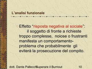 L’analisi funzionale

o Effetto “risposta negativa al sociale”:
il soggetto di fronte a richieste
troppo complesse, noiose o frustranti
manifesta un comportamentoproblema che probabilmente gli
eviterà la prosecuzione del compito.

dott. Dante Pallecchi
Superare il Burnout

10

 