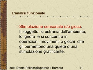 L’analisi funzionale

o Stimolazione sensoriale e/o gioco.
Il soggetto si estrania dall’ambiente,
lo ignora e si concentra in
operazioni, movimenti o giochi che
gli permettono una quiete o una
stimolazione gratificante.

dott. Dante Pallecchi
Superare il Burnout

11

 