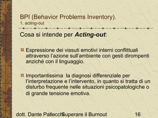 BPI (Behavior Problems Inventory).
1. acting-out

Cosa si intende per Acting-out:
Espressione dei vissuti emotivi interni conflittuali
attraverso l’azione sull’ambiente con gesti dirompenti
anziché con il linguaggio.
Importantissima la diagnosi differenziale per
l’interpretazione e l’intervento, in quanto si tratta di un
disturbo frequente nelle situazioni psicopatologiche o
di grande tensione emotiva.

dott. Dante Pallecchi
Superare il Burnout

16

 