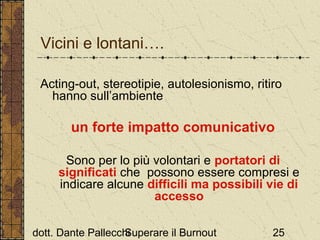 Vicini e lontani….
Acting-out, stereotipie, autolesionismo, ritiro
hanno sull’ambiente

un forte impatto comunicativo
Sono per lo più volontari e portatori di
significati che possono essere compresi e
indicare alcune difficili ma possibili vie di
accesso
dott. Dante Pallecchi
Superare il Burnout

25

 