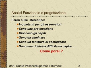 Analisi Funzionale e progettazione
Pareri sulle stereotipe:
Inquietanti per gli osservatori
Sono una provocazione
Bloccano gli ospiti
Sono da eliminare
Sono un tentativo di comunicare
Sono una richiesta difficile da capire…

Come porsi ?

dott. Dante Pallecchi
Superare il Burnout

3

 