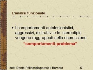 L’analisi funzionale

• I comportamenti autolesionistici,
aggressivi, distruttivi e le stereotipie
vengono raggruppati nella espressione
“comportamenti-problema”

dott. Dante Pallecchi
Superare il Burnout

5

 
