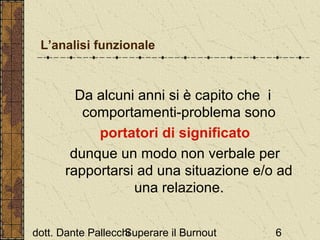 L’analisi funzionale

Da alcuni anni si è capito che i
comportamenti-problema sono
portatori di significato
dunque un modo non verbale per
rapportarsi ad una situazione e/o ad
una relazione.
dott. Dante Pallecchi
Superare il Burnout

6

 