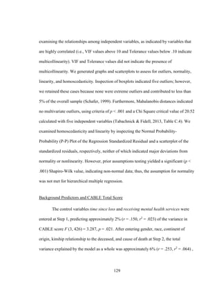 129
examining the relationships among independent variables, as indicated by variables that
are highly correlated (i.e., VIF values above 10 and Tolerance values below .10 indicate
multicollinearity). VIF and Tolerance values did not indicate the presence of
multicollinearity. We generated graphs and scatterplots to assess for outliers, normality,
linearity, and homoscedasticity. Inspection of boxplots indicated five outliers; however,
we retained these cases because none were extreme outliers and contributed to less than
5% of the overall sample (Schafer, 1999). Furthermore, Mahalanobis distances indicated
no multivariate outliers, using criteria of p < .001 and a Chi Square critical value of 20.52
calculated with five independent variables (Tabachnick & Fidell, 2013, Table C.4). We
examined homoscedasticity and linearity by inspecting the Normal Probability-
Probability (P-P) Plot of the Regression Standardized Residual and a scatterplot of the
standardized residuals, respectively, neither of which indicated major deviations from
normality or nonlinearity. However, prior assumptions testing yielded a significant (p <
.001) Shapiro-Wilk value, indicating non-normal data; thus, the assumption for normality
was not met for hierarchical multiple regression.
Background Predictors and CABLE Total Score
The control variables time since loss and receiving mental health services were
entered at Step 1, predicting approximately 2% (r = .150, r2
= .023) of the variance in
CABLE score F (3, 426) = 3.287, p = .021. After entering gender, race, continent of
origin, kinship relationship to the deceased, and cause of death at Step 2, the total
variance explained by the model as a whole was approximately 6% (r = .253, r2
= .064) ,
 