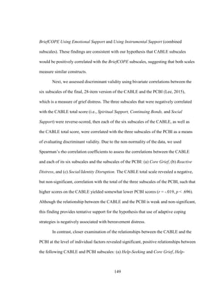 149
BriefCOPE Using Emotional Support and Using Instrumental Support (combined
subscales). These findings are consistent with our hypothesis that CABLE subscales
would be positively correlated with the BriefCOPE subscales, suggesting that both scales
measure similar constructs.
Next, we assessed discriminant validity using bivariate correlations between the
six subscales of the final, 28-item version of the CABLE and the PCBI (Lee, 2015),
which is a measure of grief distress. The three subscales that were negatively correlated
with the CABLE total score (i.e., Spiritual Support, Continuing Bonds, and Social
Support) were reverse-scored, then each of the six subscales of the CABLE, as well as
the CABLE total score, were correlated with the three subscales of the PCBI as a means
of evaluating discriminant validity. Due to the non-normality of the data, we used
Spearman’s rho correlation coefficients to assess the correlations between the CABLE
and each of its six subscales and the subscales of the PCBI: (a) Core Grief, (b) Reactive
Distress, and (c) Social/Identity Disruption. The CABLE total scale revealed a negative,
but non-significant, correlation with the total of the three subscales of the PCBI, such that
higher scores on the CABLE yielded somewhat lower PCBI scores (r = -.019, p < .696).
Although the relationship between the CABLE and the PCBI is weak and non-significant,
this finding provides tentative support for the hypothesis that use of adaptive coping
strategies is negatively associated with bereavement distress.
In contrast, closer examination of the relationships between the CABLE and the
PCBI at the level of individual factors revealed significant, positive relationships between
the following CABLE and PCBI subscales: (a) Help-Seeking and Core Grief, Help-
 